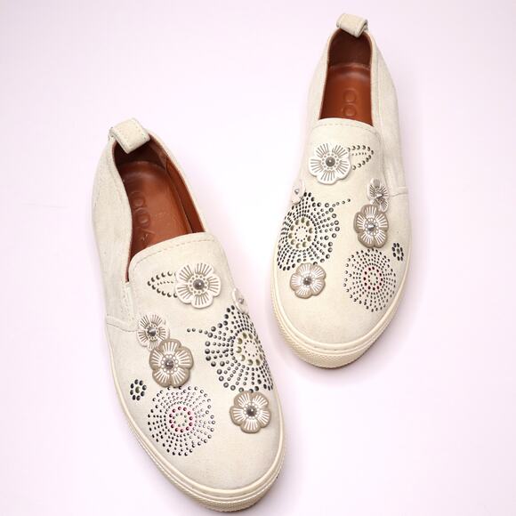 COACH Rose Rivets Studded Floral Taupe Slip On Off White Sneaker Women' 8B - Picture 1 of 7